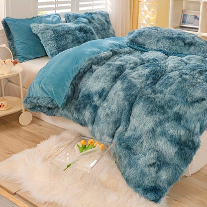 Plush Duvet Cover Set 3-Piece – Soft Fuzzy Comforter Cover with 2 Pillowcases, Cozy Warm Bedding for Bedroom & Dorm, Twin Full Queen King, 14 Colors including Solid & Tie Dye