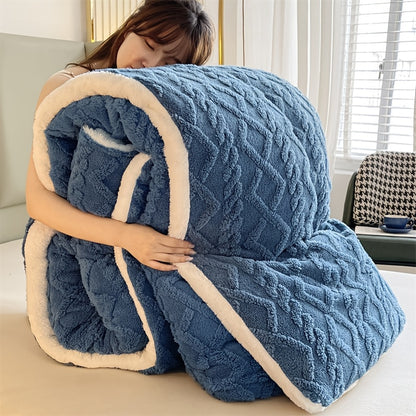 Fleece Blanket Plush Throw for Bed - Premium Thick Warm Winter Blanket, Soft Fluffy Microfiber Velvet Quilt with Vintage Geometric Design for Bedroom, Couch & Hotel, Twin Queen King, Grey Blue Beige