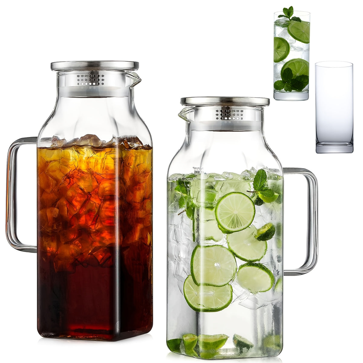 Glass Pitcher with Lid 68oz 2L Square Borosilicate Water Jug for Fridge Iced Tea Coffee Lemonade – Heat Resistant Carafe for Hot Cold Drinks, 1 or 2 Pack Bundle