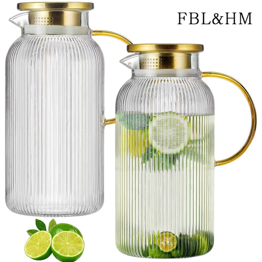 Glass Pitcher with Lid 68oz 2 Liter - Borosilicate Glass Water Carafe with 304 Stainless Steel Lid for Cold Brew Coffee Lemonade Iced Tea Juice Milk, Heat Resistant Vertical Stripe Design