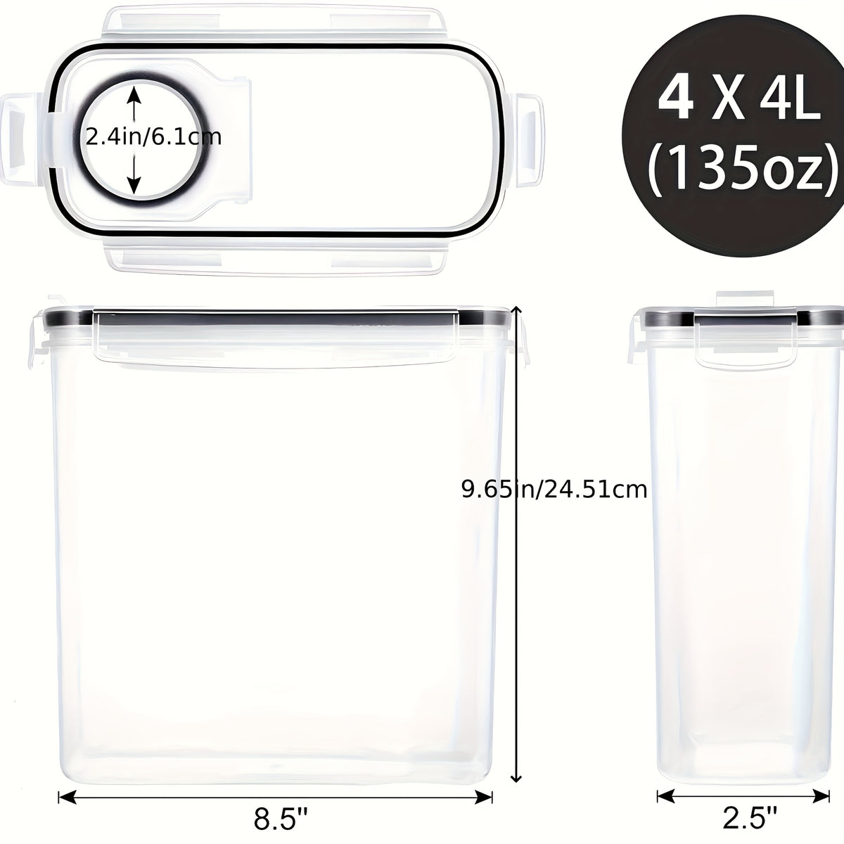Large Airtight Storage Containers for Pantry 4-Pack, 4L/135oz BPA-Free Plastic Canister Set with Clip-On Lids, Dishwasher Safe, for Rice, Flour, Cereal, Nuts, Grains & Dry Food Kitchen Organization