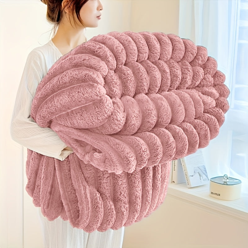 Soft Flannel Throw Blanket Rabbit Fur Texture Jacquard Geometric Pattern for Bed Couch Sofa - Cozy All Season Fleece Blanket for Nap Camping Office, Gift for Friends & Family (Ivory, Dark Gray, Pink, Linen)