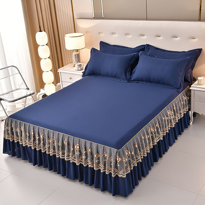 Macrame Bed Skirt Set 3 Piece with Pillowcases – Double Layer Lace Non-Slip Bedding for Twin Full Queen King, All Seasons, Red Grey Navy Purple