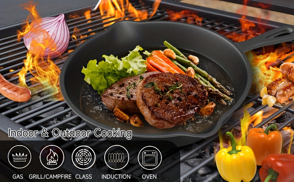 Cast Iron Skillet Set 3 Piece Pre-Seasoned – Non-Stick Heavy Duty Frying Pan with Drip Spout, Teflon-Free Natural Seasoning, Induction Gas Oven Campfire Safe, Perfect for Home RV Camping Holiday Cooking