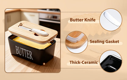Ceramic Butter Dish with Lid and Knife - Large Capacity Countertop Butter Keeper Airtight Seal Easy Clean, 12 Colors Yellow Blue Grey Pink Black Orange, Kitchen Gift