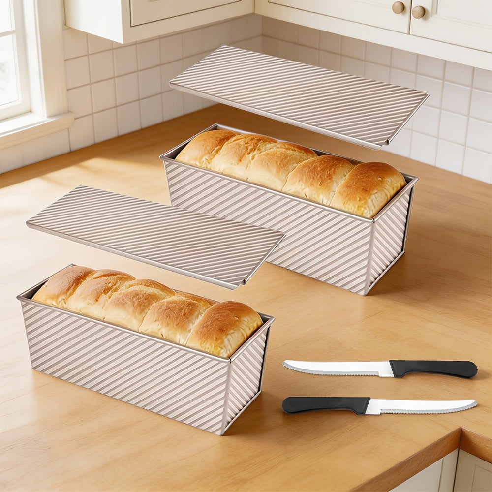 Pullman Loaf Pan with Lid Extra Large 12.3x4.7x4.3 Inch – Sandwich Bread Pan with Vent Holes & Bread Knife, Non-Stick Baking Pan for Square Loaf, 1 or 2 Pack, Gold & Black