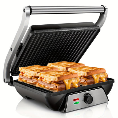 3-in-1 Electric Indoor Grill Panini Press Sandwich Maker with Non-Stick Cooking Plates, Opens 180 Degree Flat Grill, Floating Hinge Fits All Foods, Temperature Control & Grease Tray, Compact Kitchen Appliance