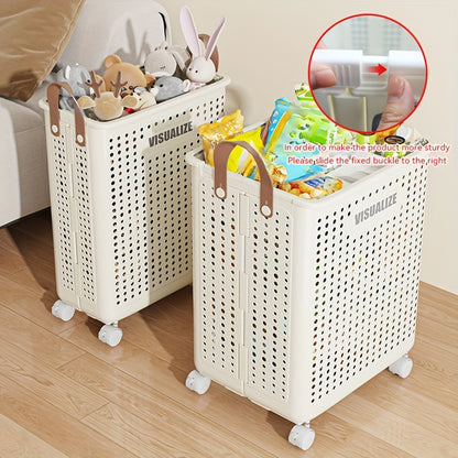 Laundry Basket with Wheels Extra Large Foldable - Breathable Rolling Laundry Hamper with Faux Leather Handles, Collapsible Space-Saving Clothes Storage Bin for Bathroom, Bedroom & Dorm, White Cream