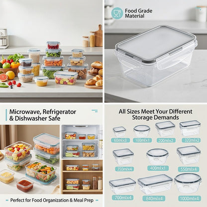 Food Storage Containers with Lids Airtight – Plastic Meal Prep Container Set for Kitchen Pantry Organization, Lunch, Picnic & Travel, BPA-Free, Comes with Labels & Marker (12/24/48 Pcs)