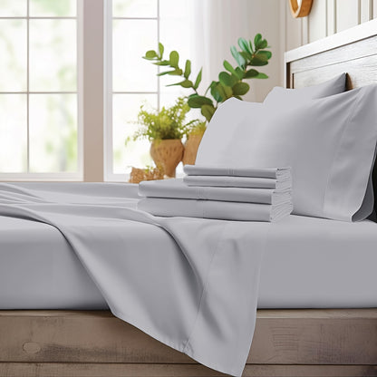 Bamboo Cooling Sheet Set 4-Piece – Cooling Bamboo Fiber Fitted Sheet, Flat Sheet & 2 Pillowcases for Hot Sleepers, Extra Deep Pocket, Twin Full Queen King, 17 Colors