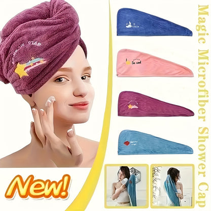 Microfiber Hair Towel Wrap 4pcs Quick Dry Turban Set – Coral Fleece Soft Hair Drying Cap with Embroidery for Women Wet Hair, Rapid Drying Hair Towel