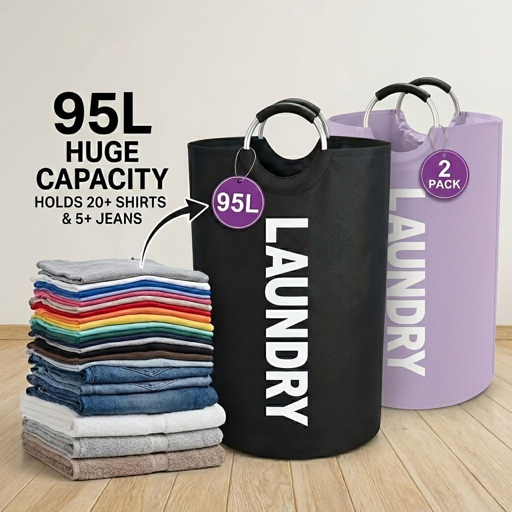 Extra Large Foldable Laundry Basket Set 95L/25 Gal – 2-Pack Thickened Waterproof Oxford Cloth Tall Storage Baskets for Bedroom, Bathroom, Dorm & Closet Organization, Multiple Colors