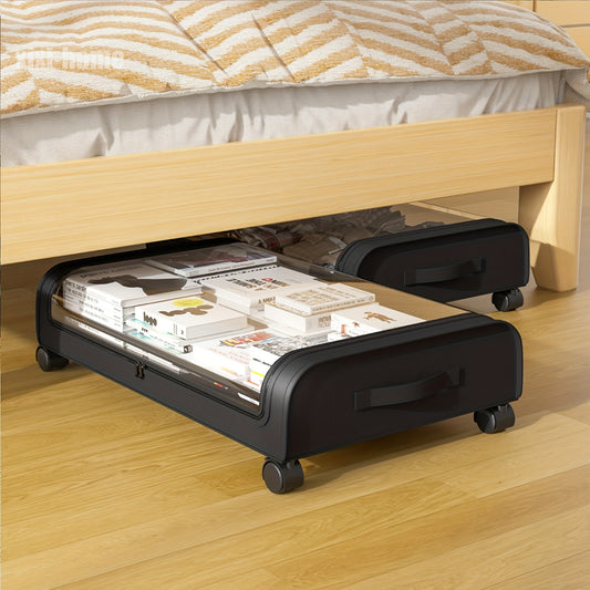 Under Bed Storage with Wheels 2-Pack XXL 70L Rolling Containers Organizer for Clothes Bedding Shoes Blankets - Transparent Lid Zippered 600D Oxford Bedroom Dorm