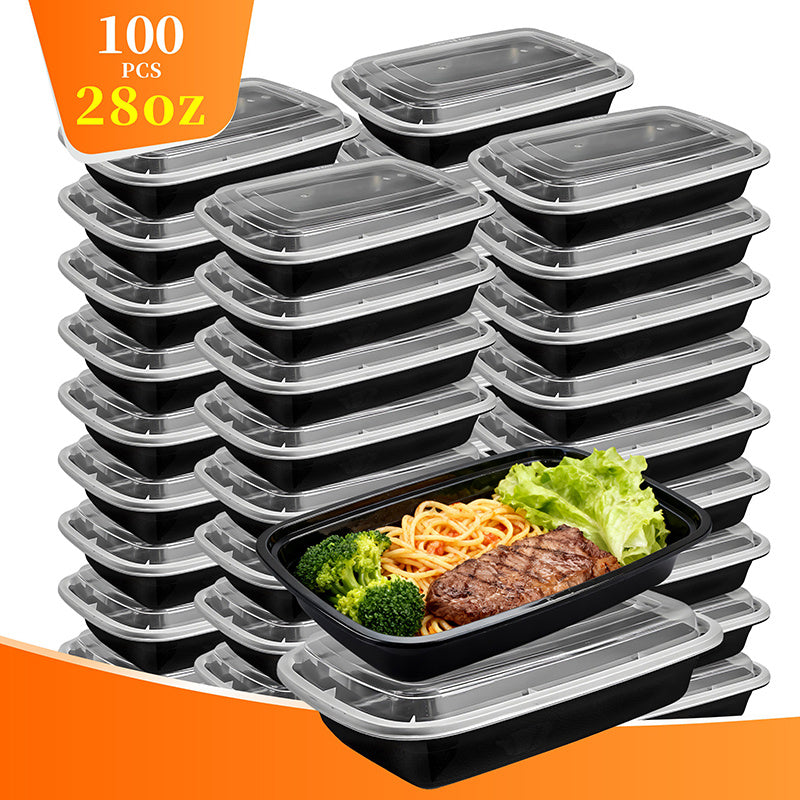 Meal Prep Containers with Lids 28oz Bulk Set - Stackable Leakproof Food Storage Containers, Reusable Bento Lunch Box, Microwave Dishwasher Freezer Safe for Meal Prep, Takeout & Catering, Black Rectangular