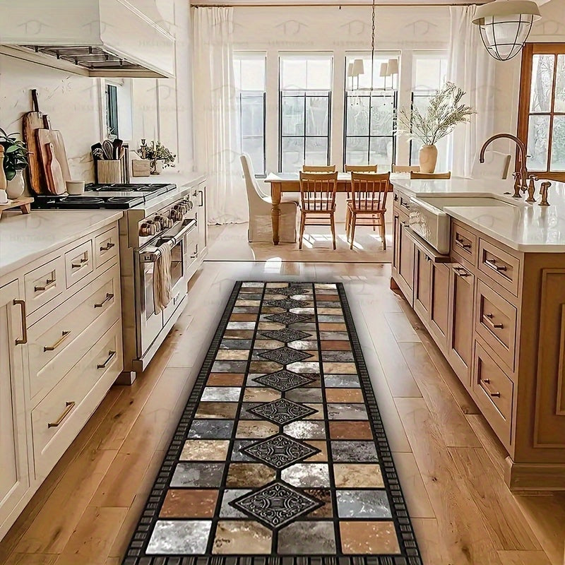 Crystal Velvet Kitchen Mat Non-Slip – Luxury Marble Pattern Machine Washable Polyester Rug for Kitchen Bathroom Bedroom Corridor, White Beige Brown, Multiple Sizes