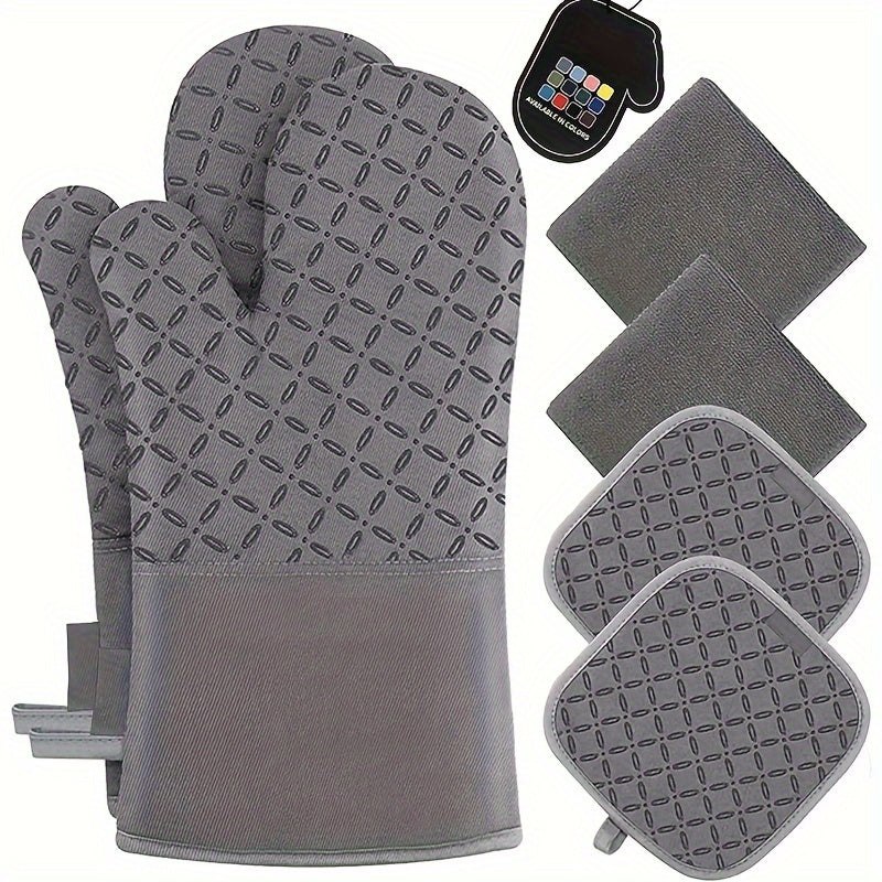 Oven Mitts and Pot Holders Set 6 Piece Heat Resistant Kitchen Gloves with Non-Slip Surface for Cooking Baking BBQ Grilling Multiple Colors Gray Black Green Blue Red Pink