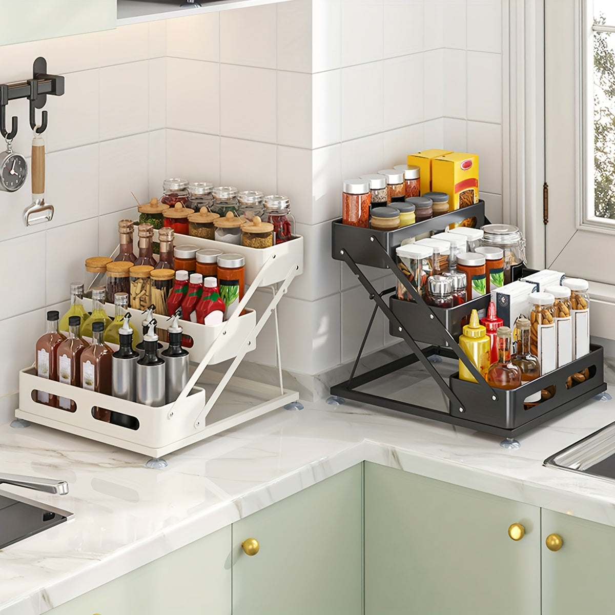 Spice Rack Organizer 3 Tier - Foldable Metal Countertop Spice Shelf with Safety Rails, Space-Saving Kitchen Cabinet Storage for Pantry, Sturdy Painted Finish, Black & White Available
