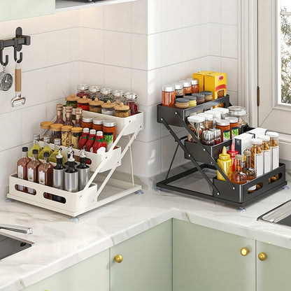 Spice Rack Organizer 3 Tier - Foldable Metal Countertop Spice Shelf with Safety Rails, Space-Saving Kitchen Cabinet Storage for Pantry, Sturdy Painted Finish, Black & White Available
