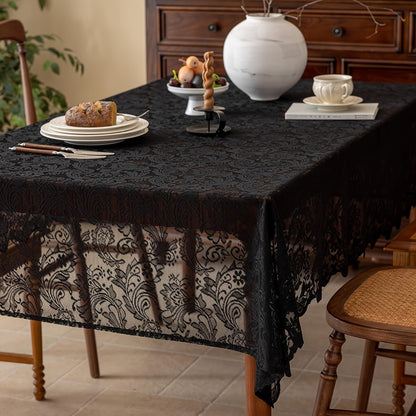 Black Lace Tablecloth with Floral Pattern - Elegant Polyester Rectangular Table Cover for Farmhouse, Thanksgiving, Holiday Dining & Wedding Decor, Machine-Made Durable Fabric