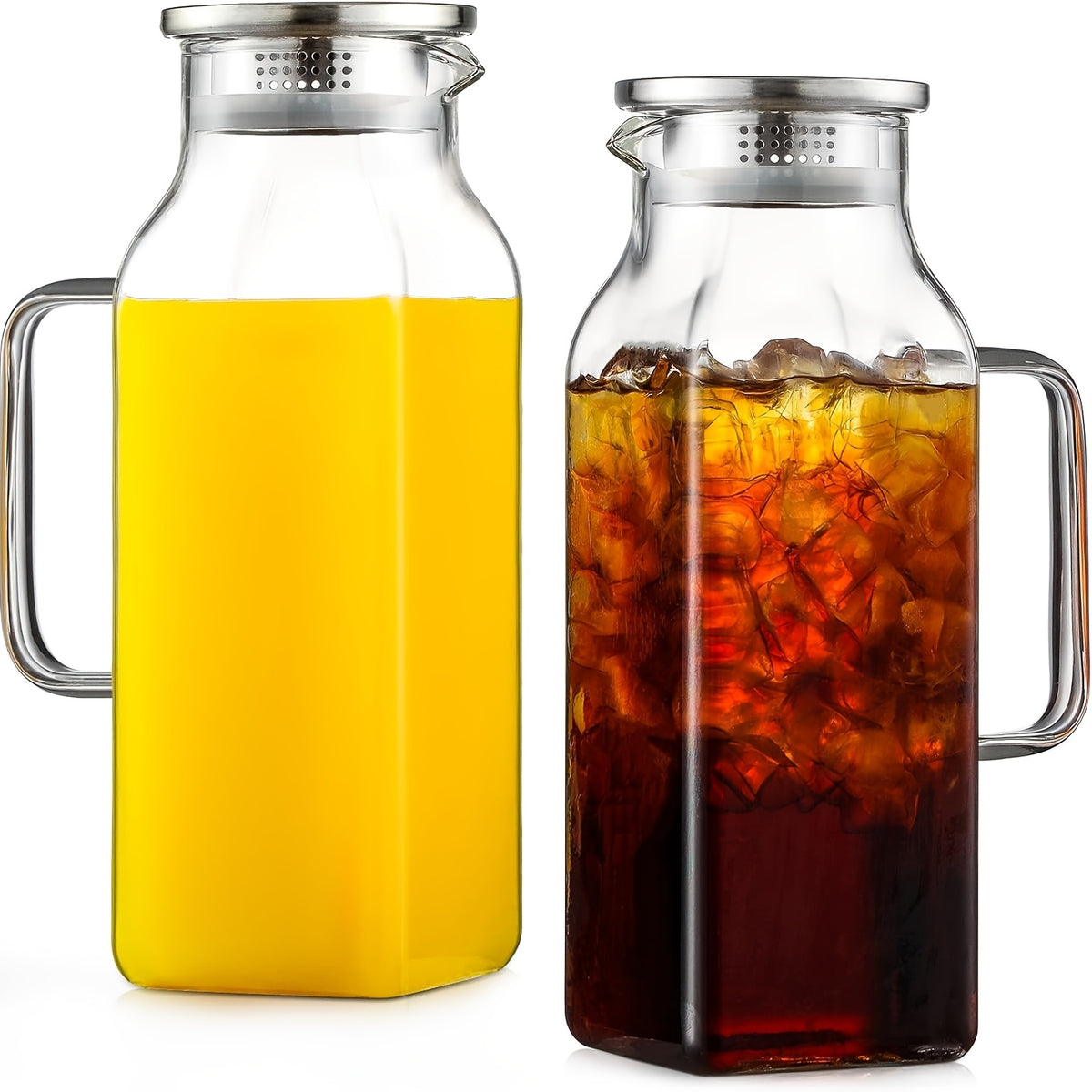 Glass Pitcher with Lid 68oz 2L Square Borosilicate Water Jug for Fridge Iced Tea Coffee Lemonade – Heat Resistant Carafe for Hot Cold Drinks, 1 or 2 Pack Bundle
