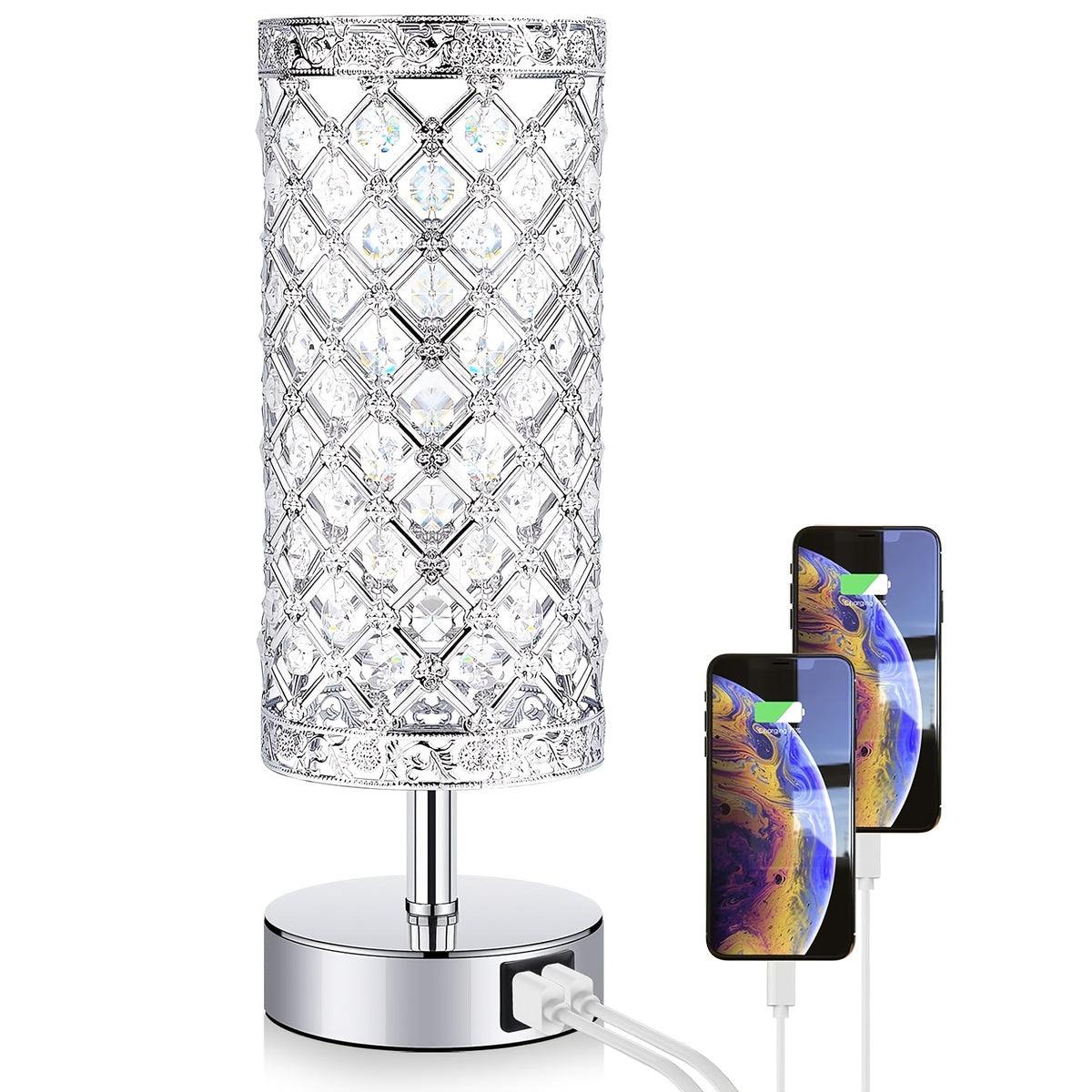 Crystal Table Lamp with Touch Control & 2 USB Ports – 3-Way Dimmable Bedside Nightstand Light for Bedroom, Living Room & Office, LED Bulb Included