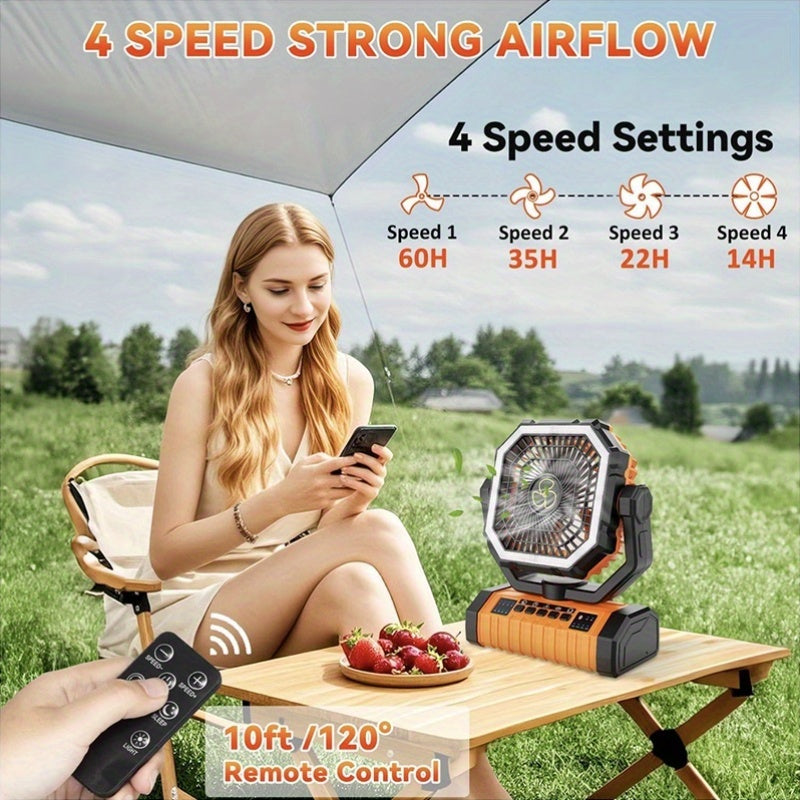 20000mAh Camping Fan with Built-In LED Light – USB Rechargeable Portable Outdoor Cooling Fan, Rugged Sturdy Handle for Tent Hiking Fishing, Compact Design, Green & Orange