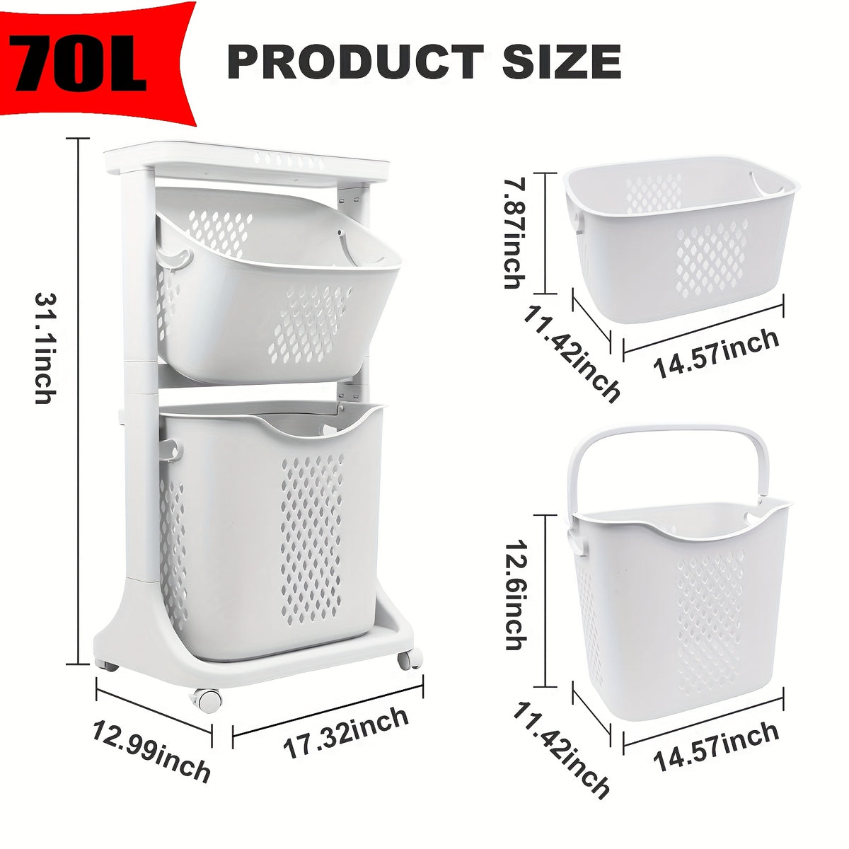 Rolling Laundry Hamper Cart with Wheels, 2/3/4 Tier Laundry Basket Large Capacity, Movable Layer Classification Storage, PP Material, for Laundry Room Bathroom Bedroom Organization