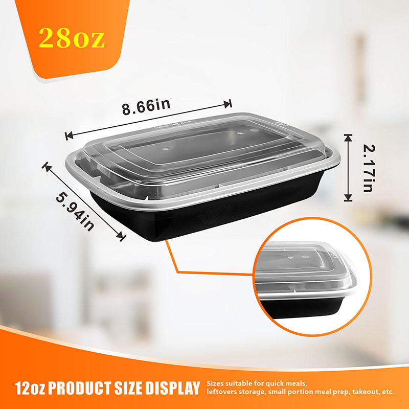 Meal Prep Containers with Lids 28oz Bulk Set - Stackable Leakproof Food Storage Containers, Reusable Bento Lunch Box, Microwave Dishwasher Freezer Safe for Meal Prep, Takeout & Catering, Black Rectangular