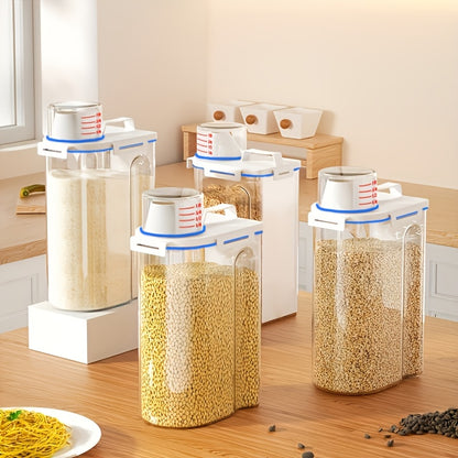 Food Storage Canisters 4 Pack Large Capacity Transparent PP Plastic with Measuring Cups and Scale Markings, Flip Top Lid Airtight Kitchen Pantry Containers for Rice Flour Grains Dog Food Organization