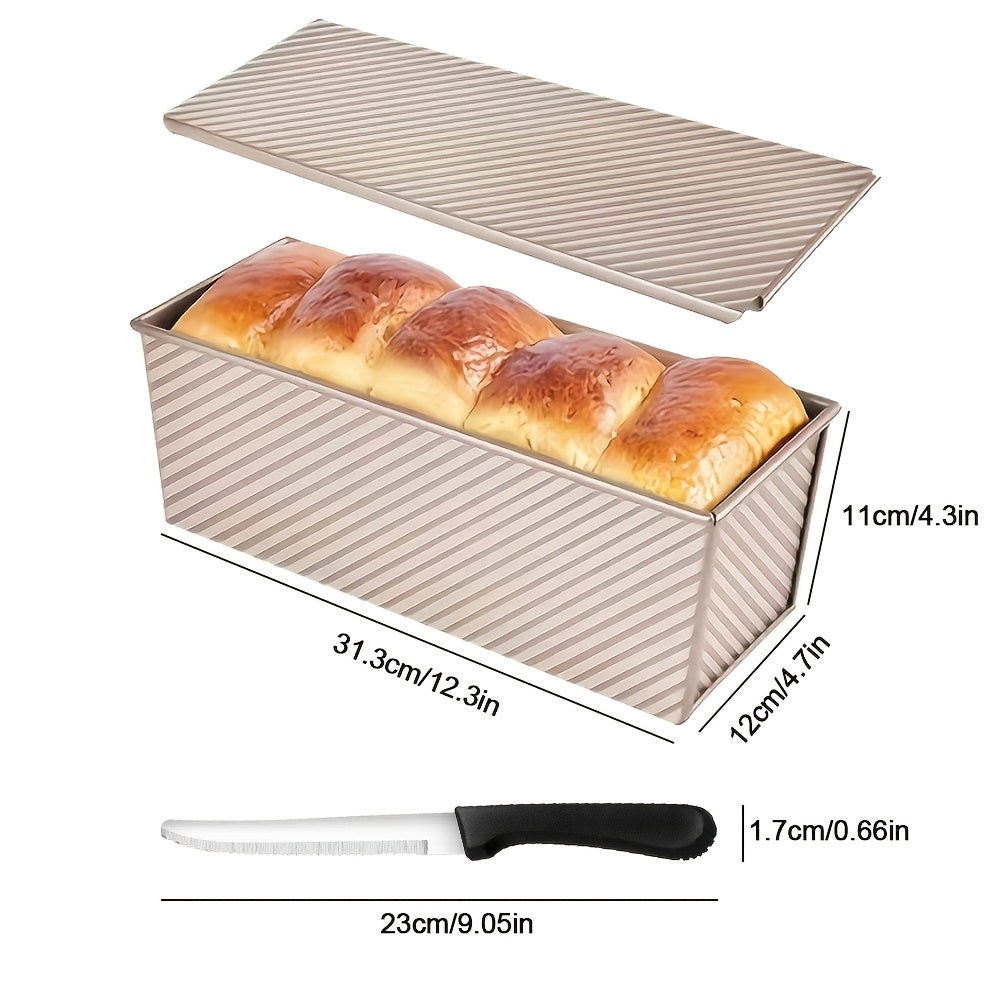 Pullman Loaf Pan with Lid Extra Large 12.3x4.7x4.3 Inch – Sandwich Bread Pan with Vent Holes & Bread Knife, Non-Stick Baking Pan for Square Loaf, 1 or 2 Pack, Gold & Black