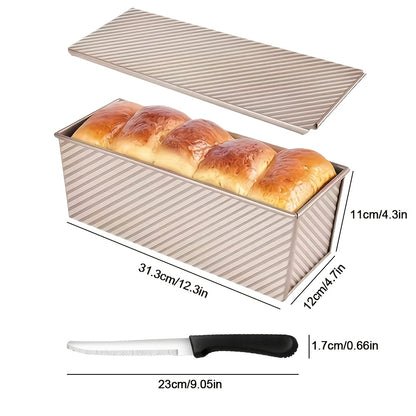 Pullman Loaf Pan with Lid Extra Large 12.3x4.7x4.3 Inch – Sandwich Bread Pan with Vent Holes & Bread Knife, Non-Stick Baking Pan for Square Loaf, 1 or 2 Pack, Gold & Black