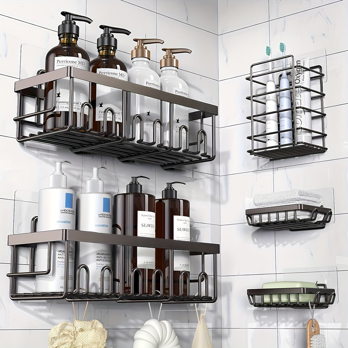 5-Pack Adhesive Shower Caddy Organizer – No Drilling Rustproof Stainless Steel Shower Shelves with Soap Holder, Wall Mounted Bathroom Storage Rack for Renters Family Apartment, Random Colors