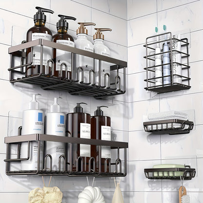 5-Pack Adhesive Shower Caddy Organizer – No Drilling Rustproof Stainless Steel Shower Shelves with Soap Holder, Wall Mounted Bathroom Storage Rack for Renters Family Apartment, Random Colors