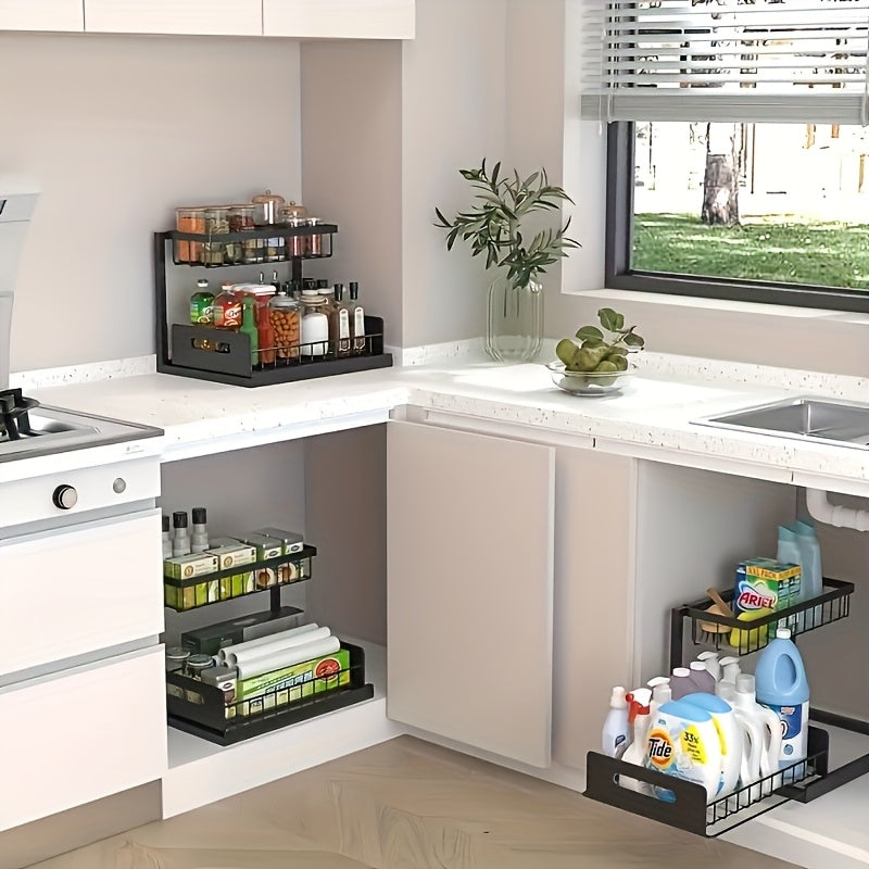 Under Sink Organizer Pull Out 2-Tier Slide Out Cabinet Shelf Storage Rack for Kitchen & Bathroom - Space Saving Sliding Shelf, Black White Grey, 1 or 2 Pack