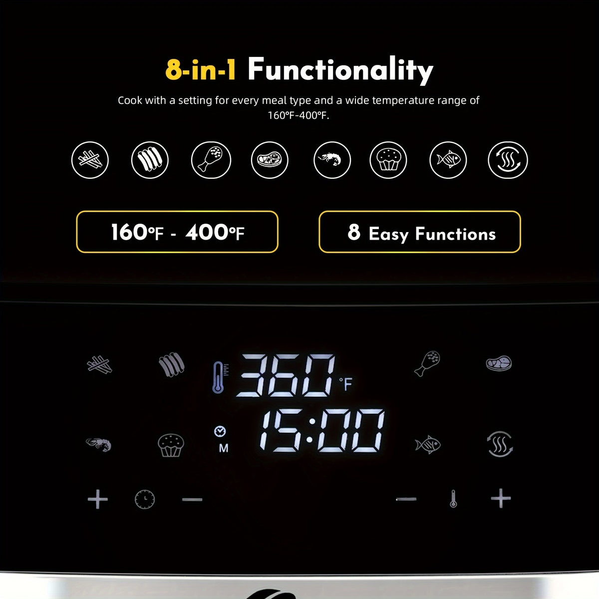 Air Fryer 8.5QT & 3.6QT Touchscreen 8-in-1 – Digital Display, 8 Presets, Air Fry Bake Roast Broil, Stainless Steel Basket, 1500W, 120V, Black