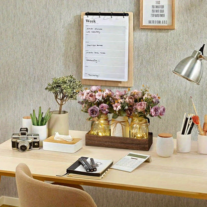 Mason Jar Centerpiece Table Decorations with Wood Tray & LED Lights – 3pcs Farmhouse Dining Room Coffee Table Decor Set for Kitchen Living Room Bathroom, Pink