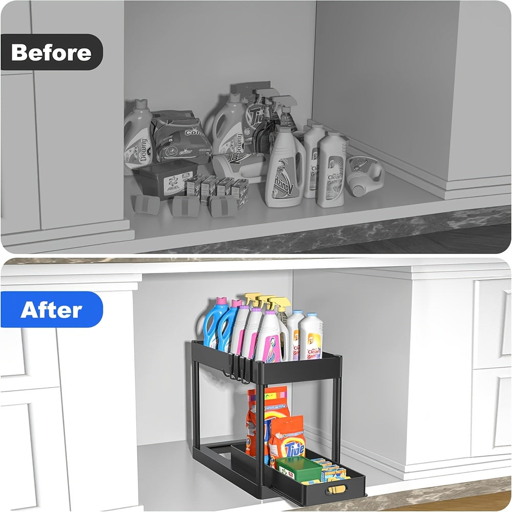 Under Sink Organizer Set of 2 – Dual Tier Sliding Basket Drawers with 8 Hooks, Bathroom Cabinet Storage Solution for Under Counter Organization, Black White Gray