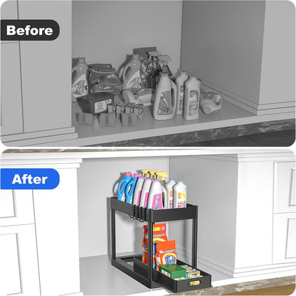Under Sink Organizer Set of 2 – Dual Tier Sliding Basket Drawers with 8 Hooks, Bathroom Cabinet Storage Solution for Under Counter Organization, Black White Gray