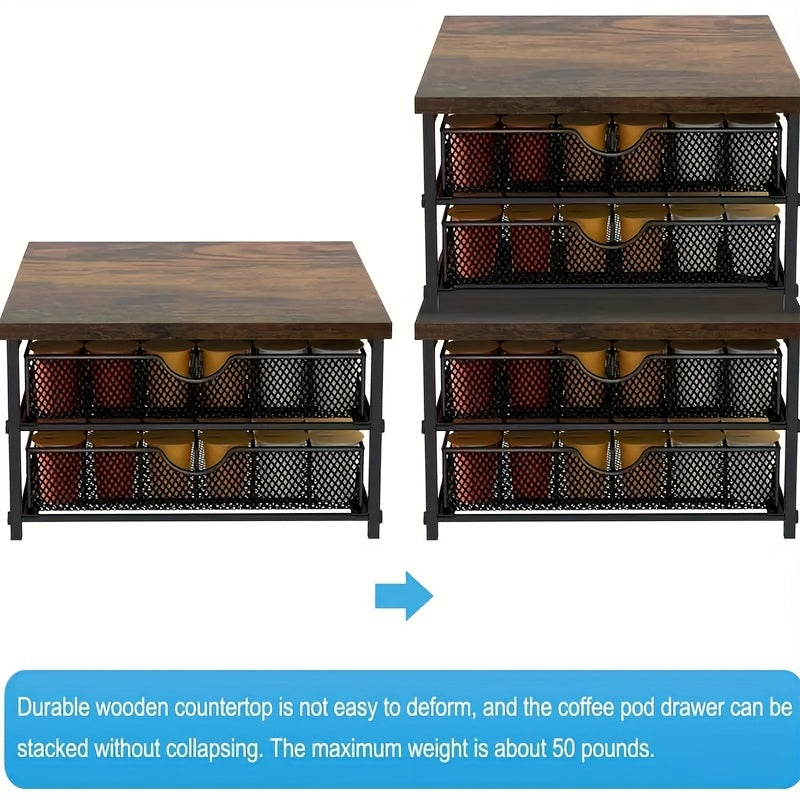 K-Cup Storage Drawer Metal Coffee Pod Holder – Sliding Basket Capsule Organizer for Kitchen Counter, Holds 48 Double-Layer Coffee Capsules, Space-Saving Countertop Coffee Station, Brown