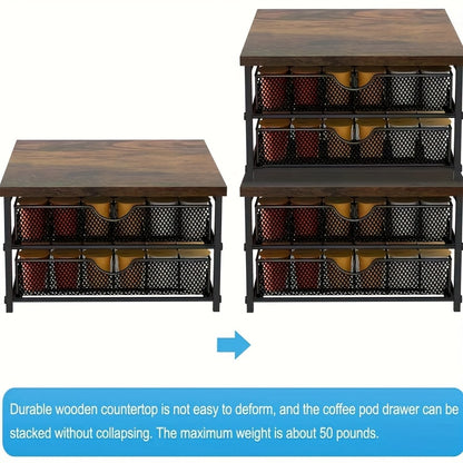K-Cup Storage Drawer Metal Coffee Pod Holder – Sliding Basket Capsule Organizer for Kitchen Counter, Holds 48 Double-Layer Coffee Capsules, Space-Saving Countertop Coffee Station, Brown
