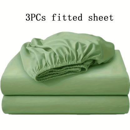 Soft Fitted Bed Sheet Set 3-Piece with 2 Pillowcases – Solid Color Layered Fitted Sheet for Bedroom Guest Room Hotel Mattress Protection