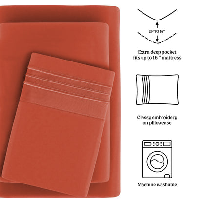 Soft Microfiber Bed Sheet Set 4-Piece 1800 Series 16 Inch Deep Pocket Hotel Luxury Cooling Sheets with Embroidered Pillowcases, Fade & Shrink Resistant, Twin to Cal King, 20 Colors