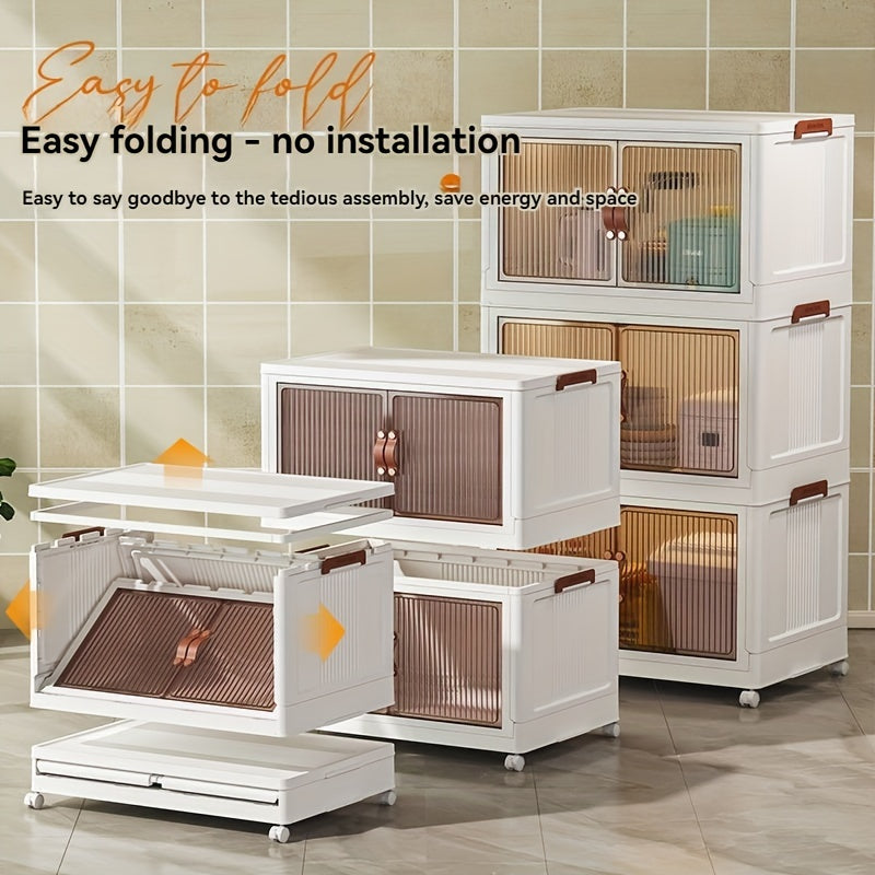 Foldable Storage Cabinet with Lid & Wheels 48QT – Stackable Clothes & Bedding Organizer, Space-Saving Wardrobe Box for Bedroom Game Room, 2/3/4/5 Layer