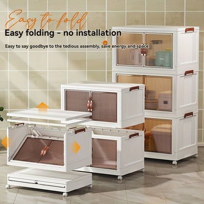 Foldable Storage Cabinet with Lid & Wheels 48QT – Stackable Clothes & Bedding Organizer, Space-Saving Wardrobe Box for Bedroom Game Room, 2/3/4/5 Layer