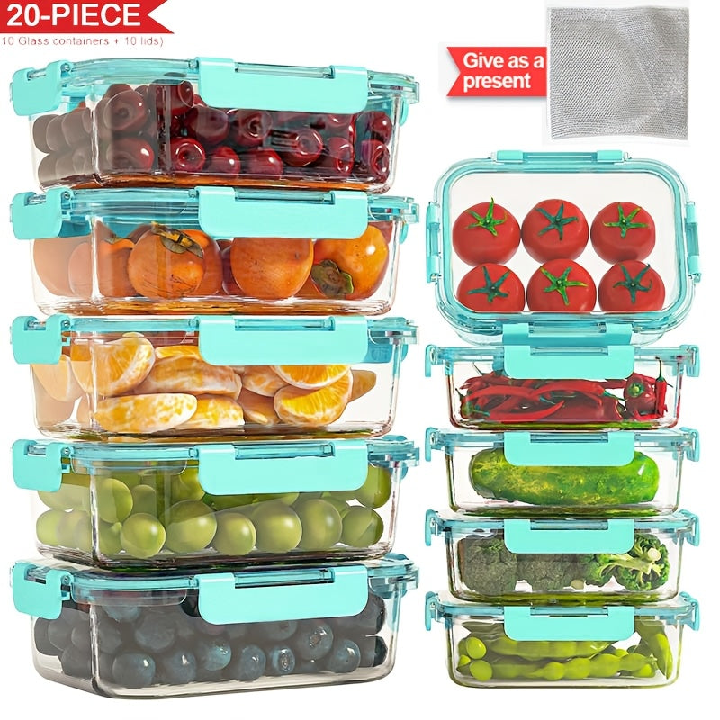 Glass Food Storage Containers 20-Piece Set 10 Containers + 10 Airtight Lids Stackable Meal Prep Containers, Oven Microwave Refrigerator & Dishwasher Safe – Space-Saving Kitchen Organization