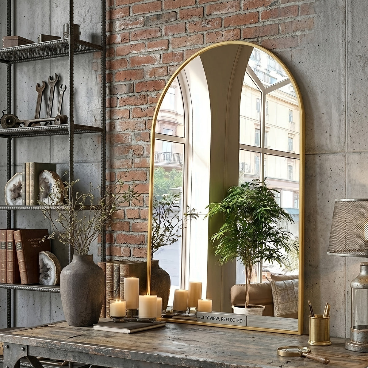 Gold Black Arch Mirror Wall Mounted Metal Frame Arched Wall Mirror Multiple Sizes for Bathroom Bedroom Entryway Living Room Vanity