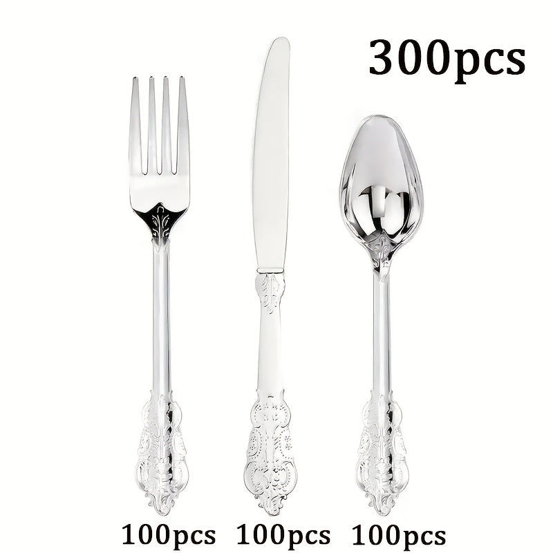 Gold Silver Disposable Cutlery Set 300pcs Serves 100 Guests – Retro Heavyweight Warp-Resistant Fancy Plastic Silverware for Parties Weddings Christmas New Year Valentine's Day Holiday Gatherings