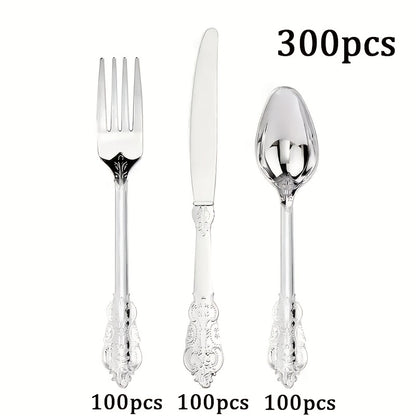 Gold Silver Disposable Cutlery Set 300pcs Serves 100 Guests – Retro Heavyweight Warp-Resistant Fancy Plastic Silverware for Parties Weddings Christmas New Year Valentine's Day Holiday Gatherings