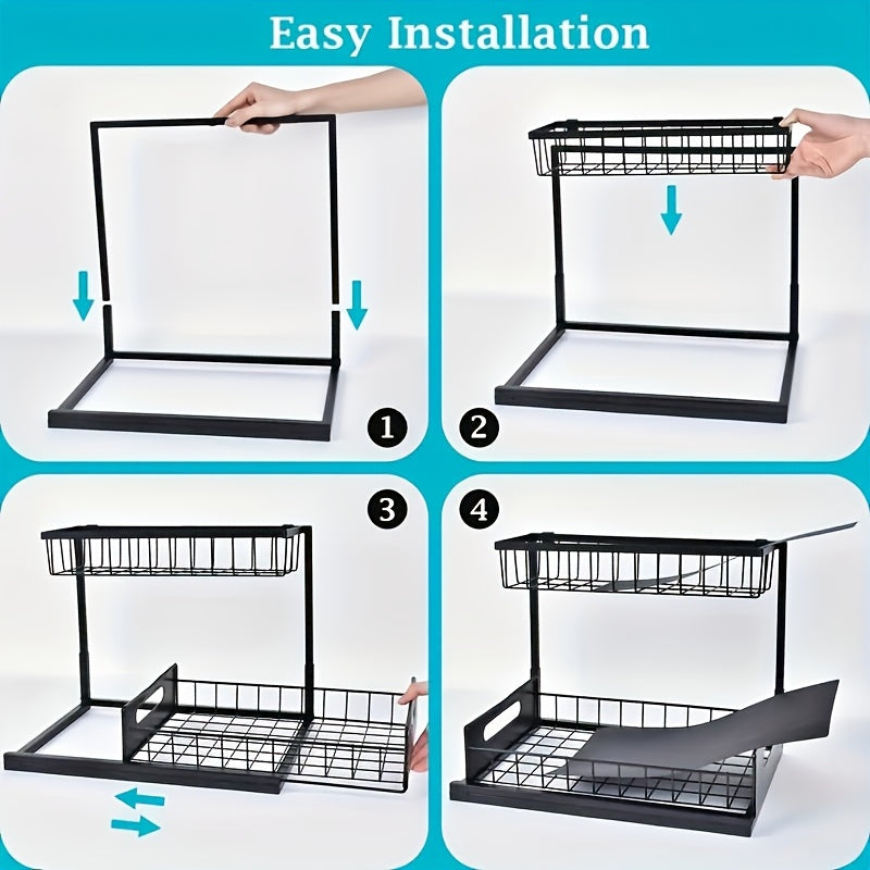 Under Sink Organizer Pull Out 2-Tier – Slide Out Cabinet Shelf for Kitchen & Bathroom, Under Sink Storage with Adjustable Shelves, Black White Grey, 1 or 2 Pack