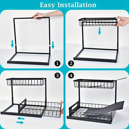 Under Sink Organizer Pull Out 2-Tier – Slide Out Cabinet Shelf for Kitchen & Bathroom, Under Sink Storage with Adjustable Shelves, Black White Grey, 1 or 2 Pack